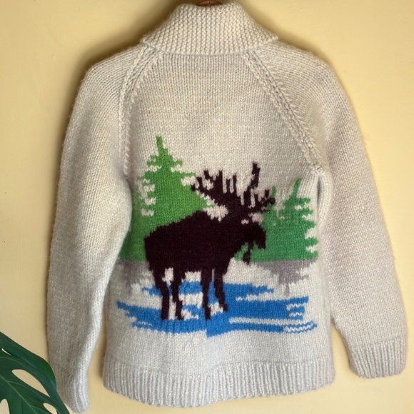 VINTAGE 1970 Handknit Moose Cowichan Style Wool Zip Cardigan Wilderness S/M EUC - Picture 1 of 7